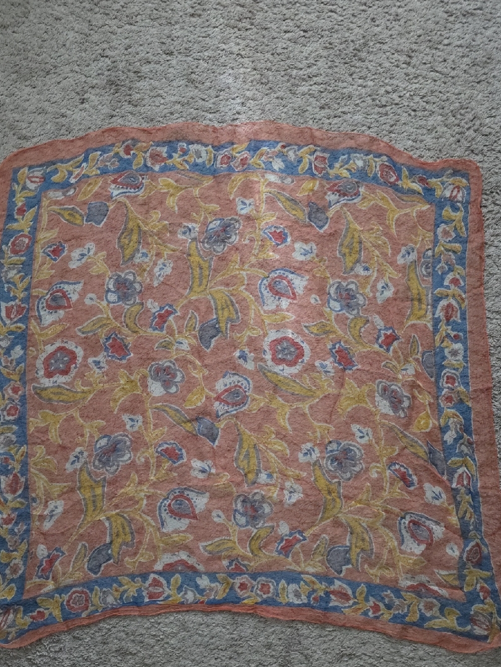 Floral Pattern Square Scarf in Peach, Blue & Yellow